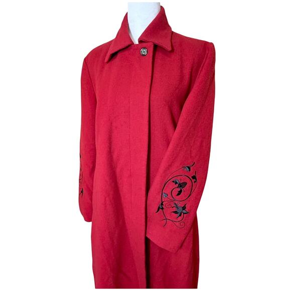 Vintage Harvé Benard Red Wool Trench Coat Embroidered Heritage Old Money Large - Picture 3 of 13